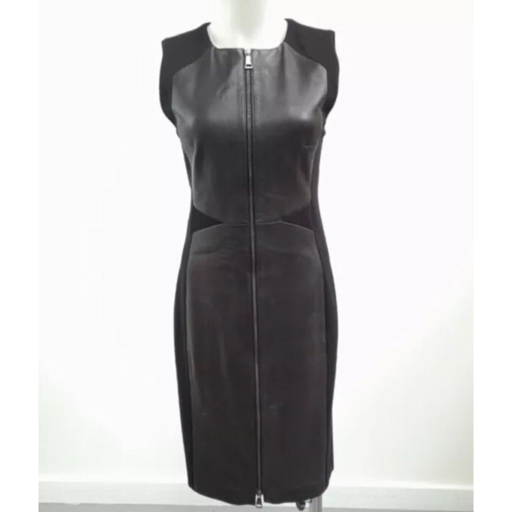 $1K Karl Lagerfeld Midi Dress Pencil Zipper Black Sleeveless Lamb Leather 42 8 6